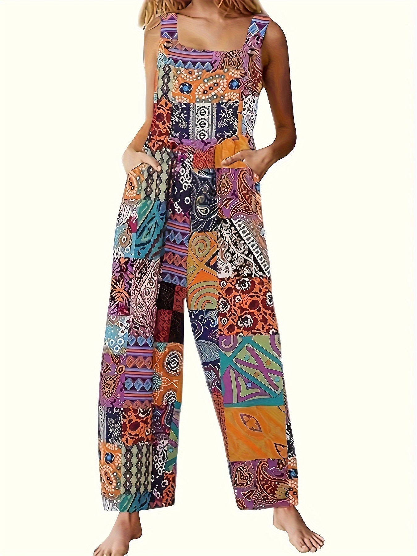 Women's Ethnic Style Suspender Button Printing Jumpsuit