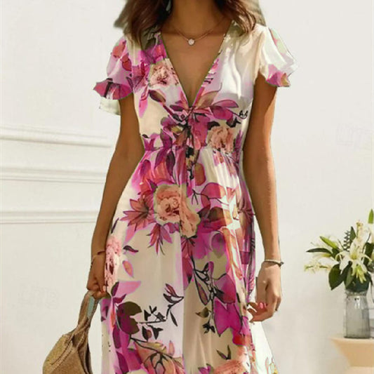 Printed Bohemian Women's V-neck Mid-length Dress Sleeveless Summer