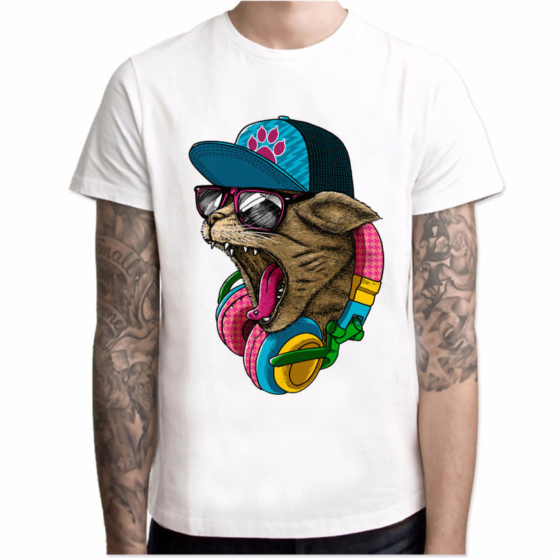 Men Fashion Short Sleeve Crazy DJ Cat