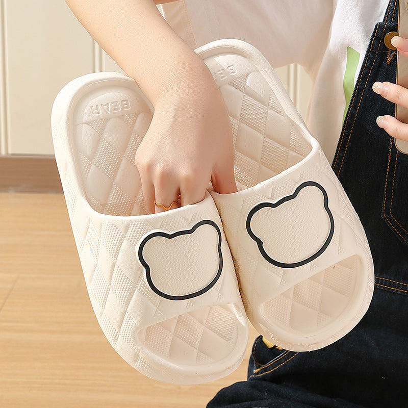 Rhombus Design Bear Slippers Indoor Non-slip Thick Soles Floor Bedroom Bathroom Slippers For Women Men Cute House Shoes