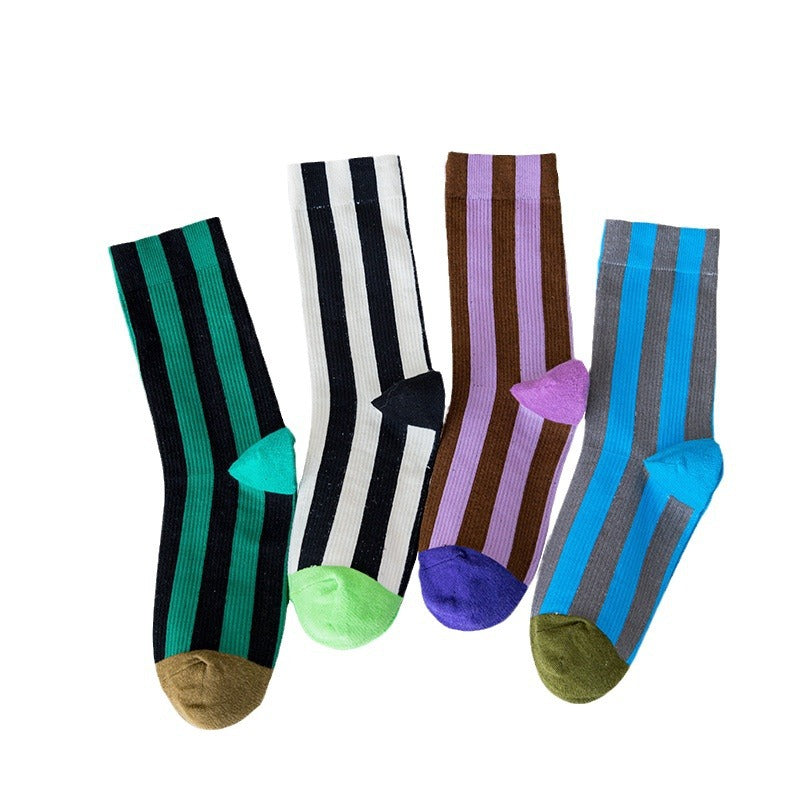 Contrast Color Vertical Stripes Cotton Color-matching Sports Bunching Socks