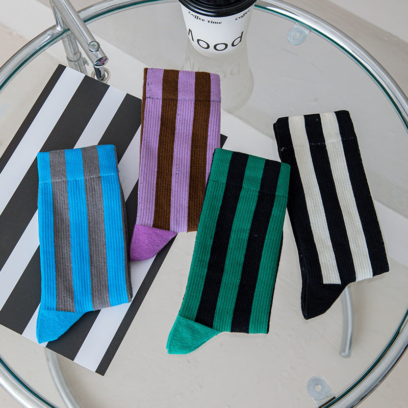 Contrast Color Vertical Stripes Cotton Color-matching Sports Bunching Socks