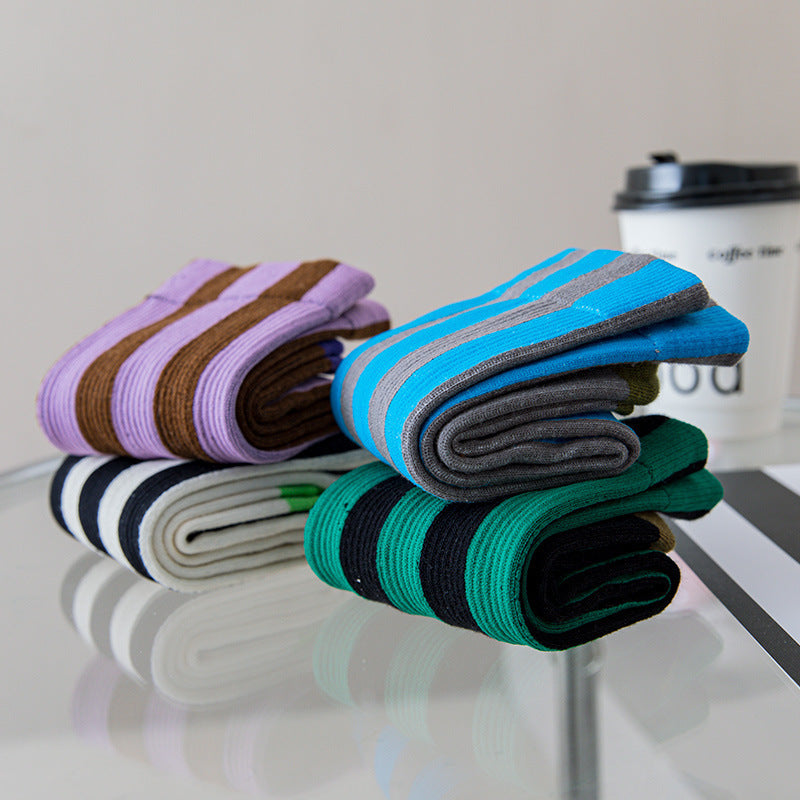 Contrast Color Vertical Stripes Cotton Color-matching Sports Bunching Socks