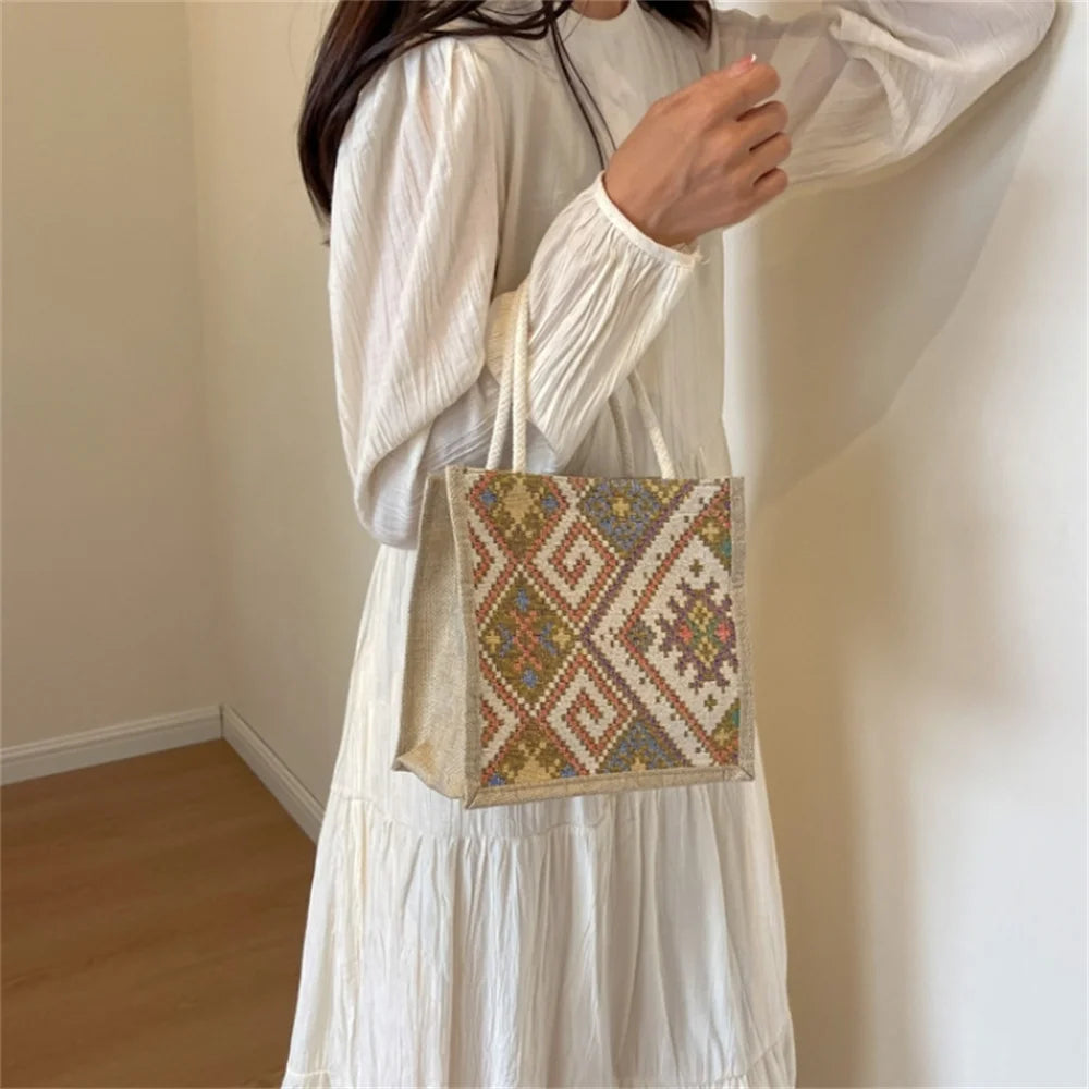 Linen Bag Handbag For Women Shopping Tote Bag Fashion Designer Bag Convenient Large Capacity Lunch Bag Vintage Accompaniment