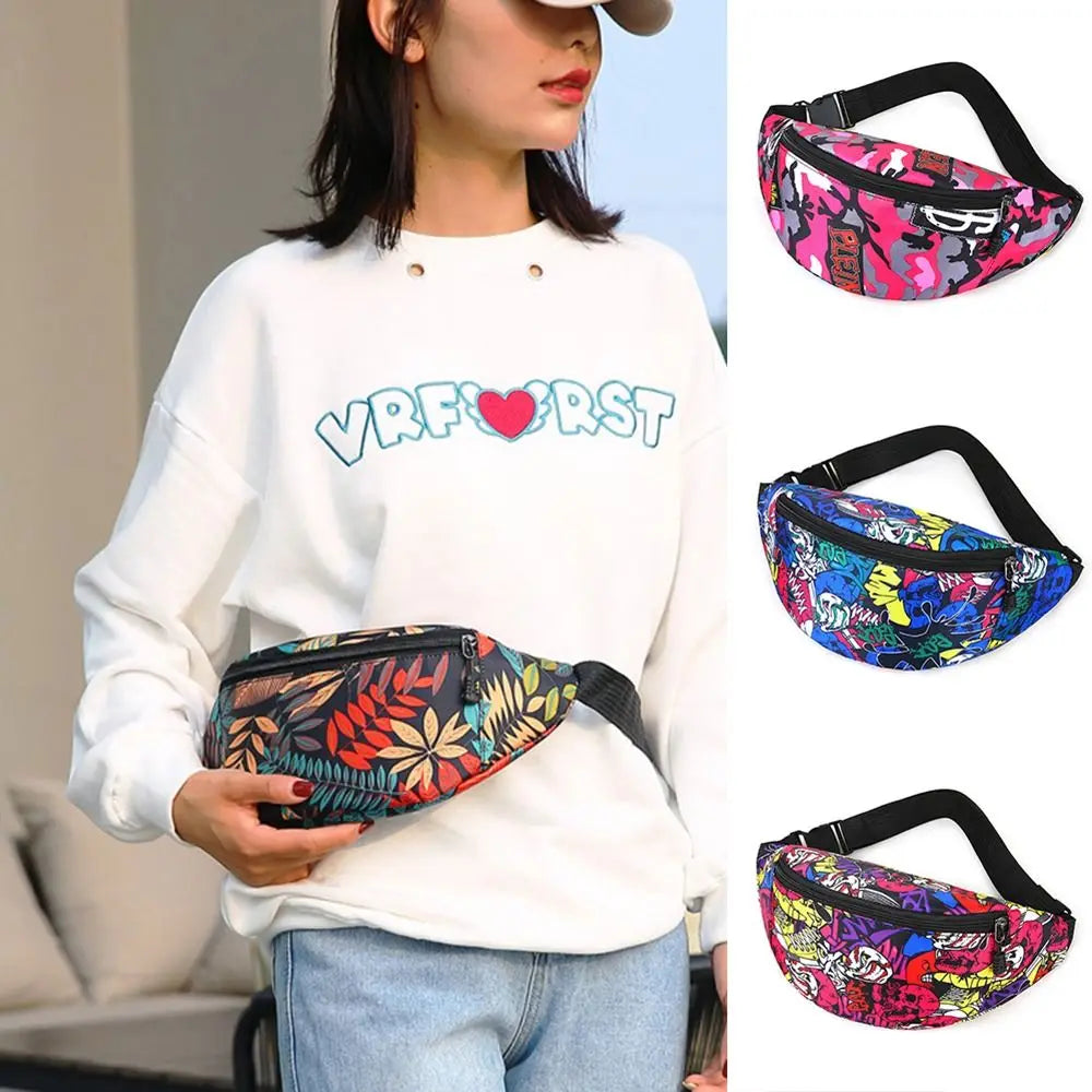 Flower Pattern Waist Bag Portable Large Capacity Printing Fanny Pack Nylon Waterproof Chest Bag