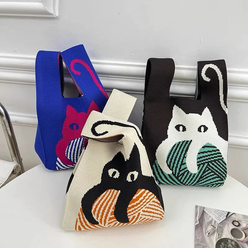 Women'S Knot Wrist Bag Portable Mini Striped Tote Handmade Knitted Bag Bucket Phone  Handbags Large Capacity Autumn Winter Bags