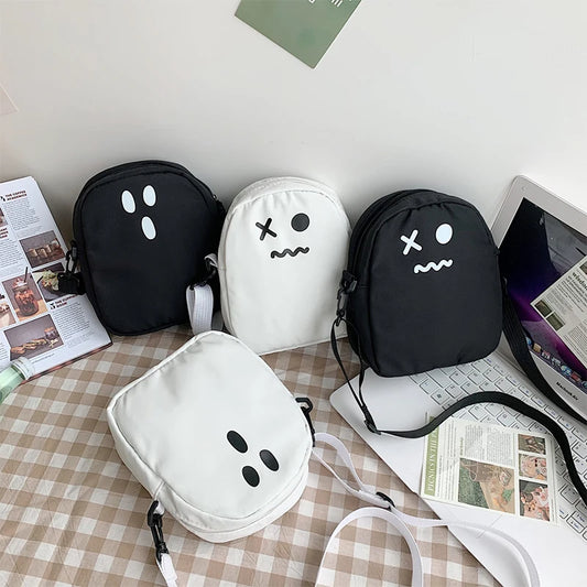 Black White Funny Cute Ghost Kawaii Women Canvas Bag Cartoon Shopper Bag Women Shoulder Bags