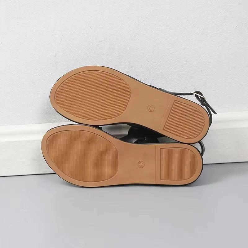 Women Flat Sandals 2023 Leather Cross Strap Rome Style High Quality Summer Ladies Shoes  Buckle Strap