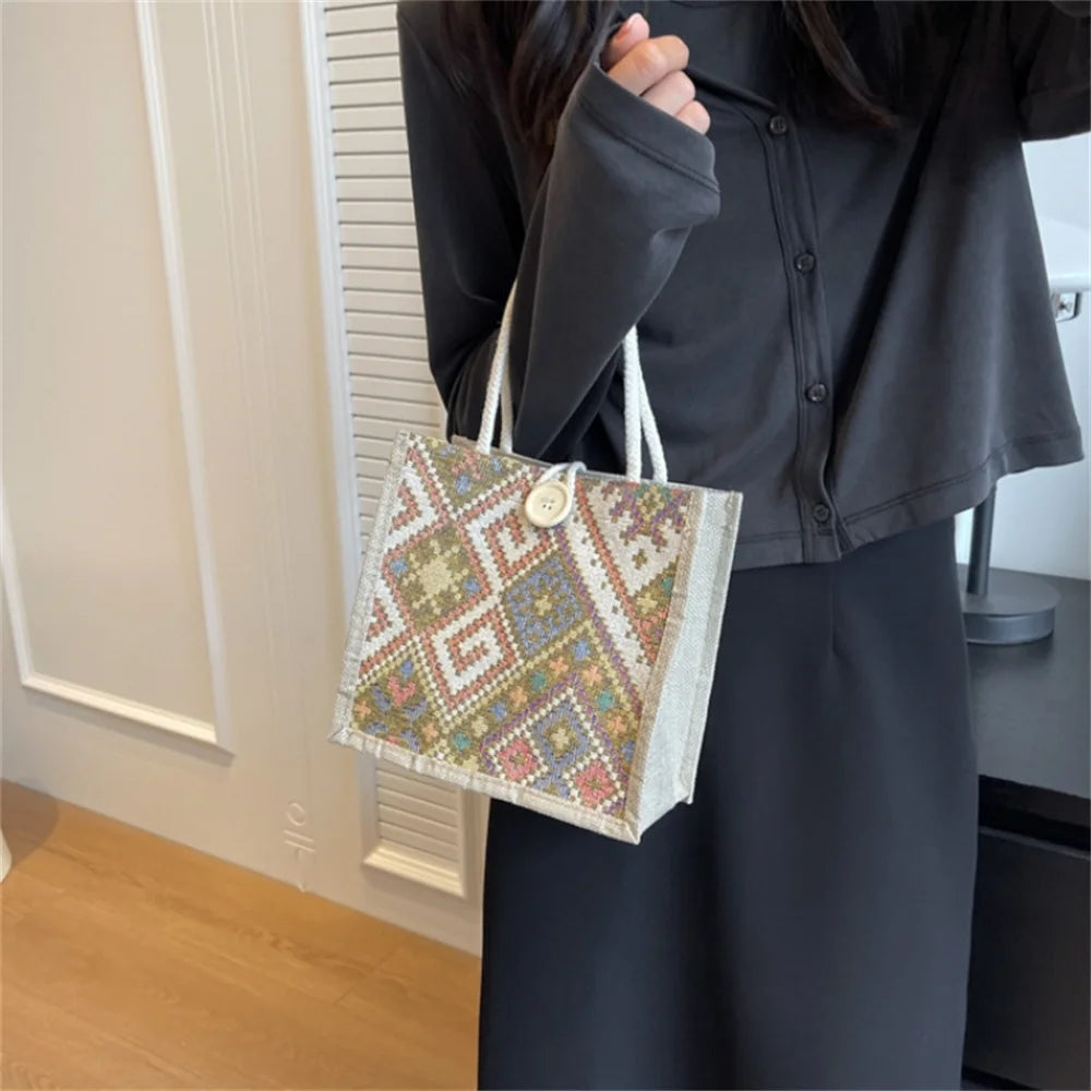 Linen Bag Handbag For Women Shopping Tote Bag Fashion Designer Bag Convenient Large Capacity Lunch Bag Vintage Accompaniment