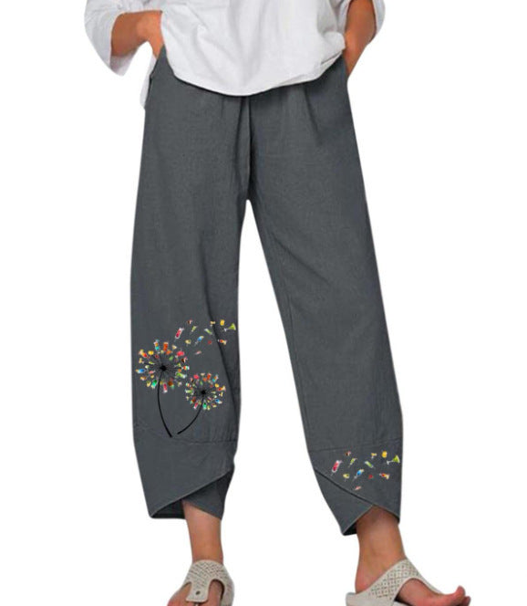 Slub Linen Loose Fashion Digital Printing Casual Pants