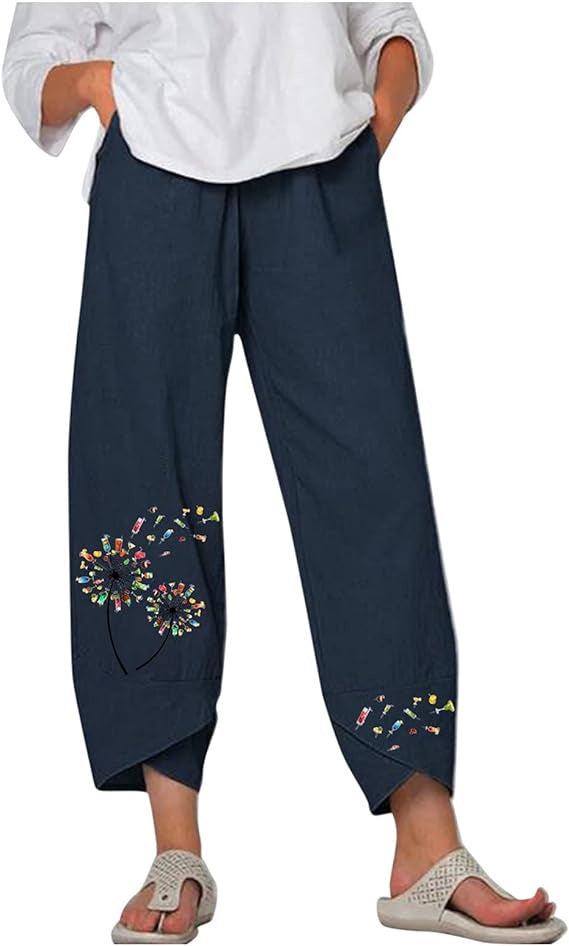 Slub Linen Loose Fashion Digital Printing Casual Pants