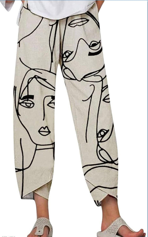 Slub Linen Loose Fashion Digital Printing Casual Pants