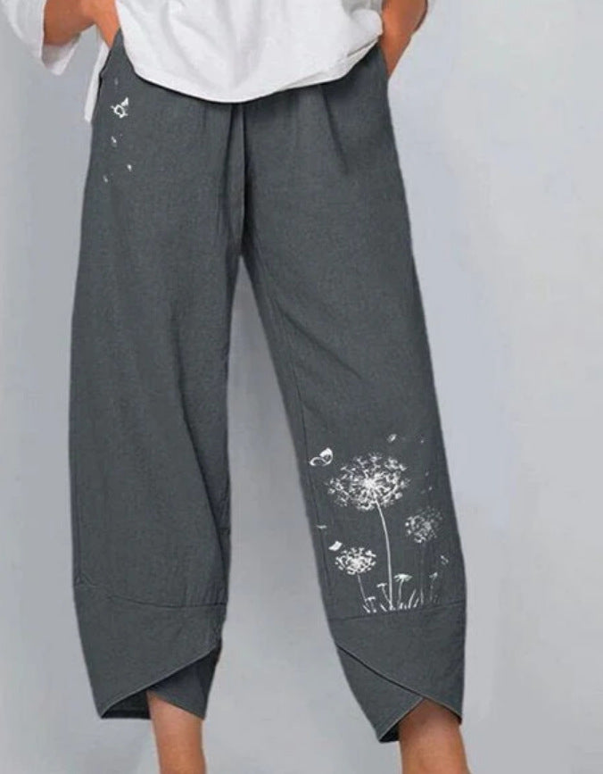 Slub Linen Loose Fashion Digital Printing Casual Pants